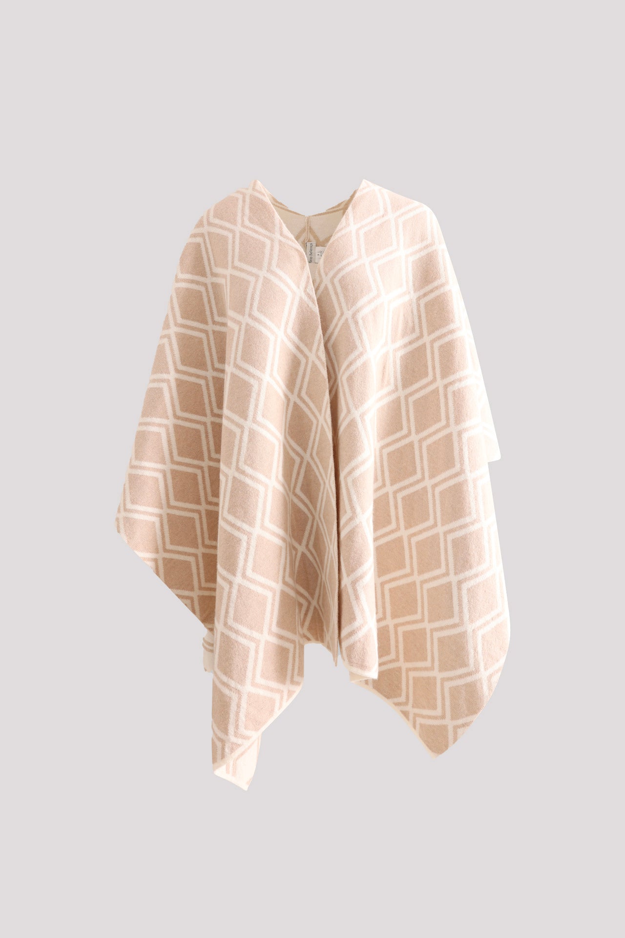 Beige wool blend jacquard cape with geometric pattern