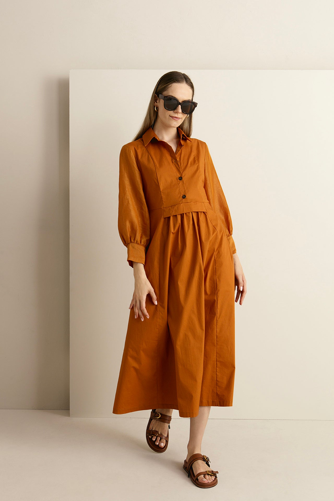 puff sleeve midi shirt dress Lady Midi Shirt Dress Chiffon Pleated A-line Dot Belt Long Puff Sleeve  Party