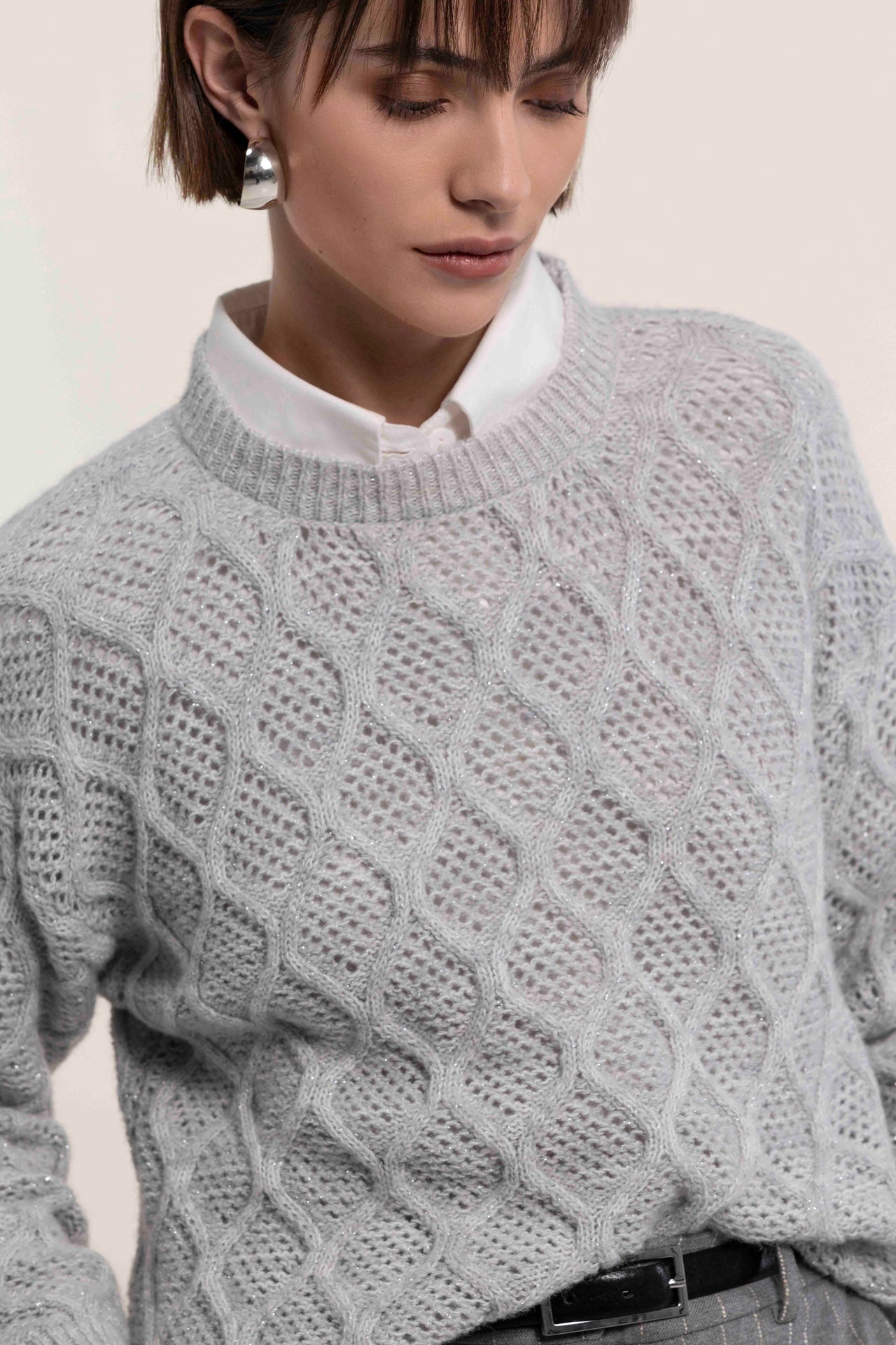 Gray alpaca sweater with openwork diamond pattern