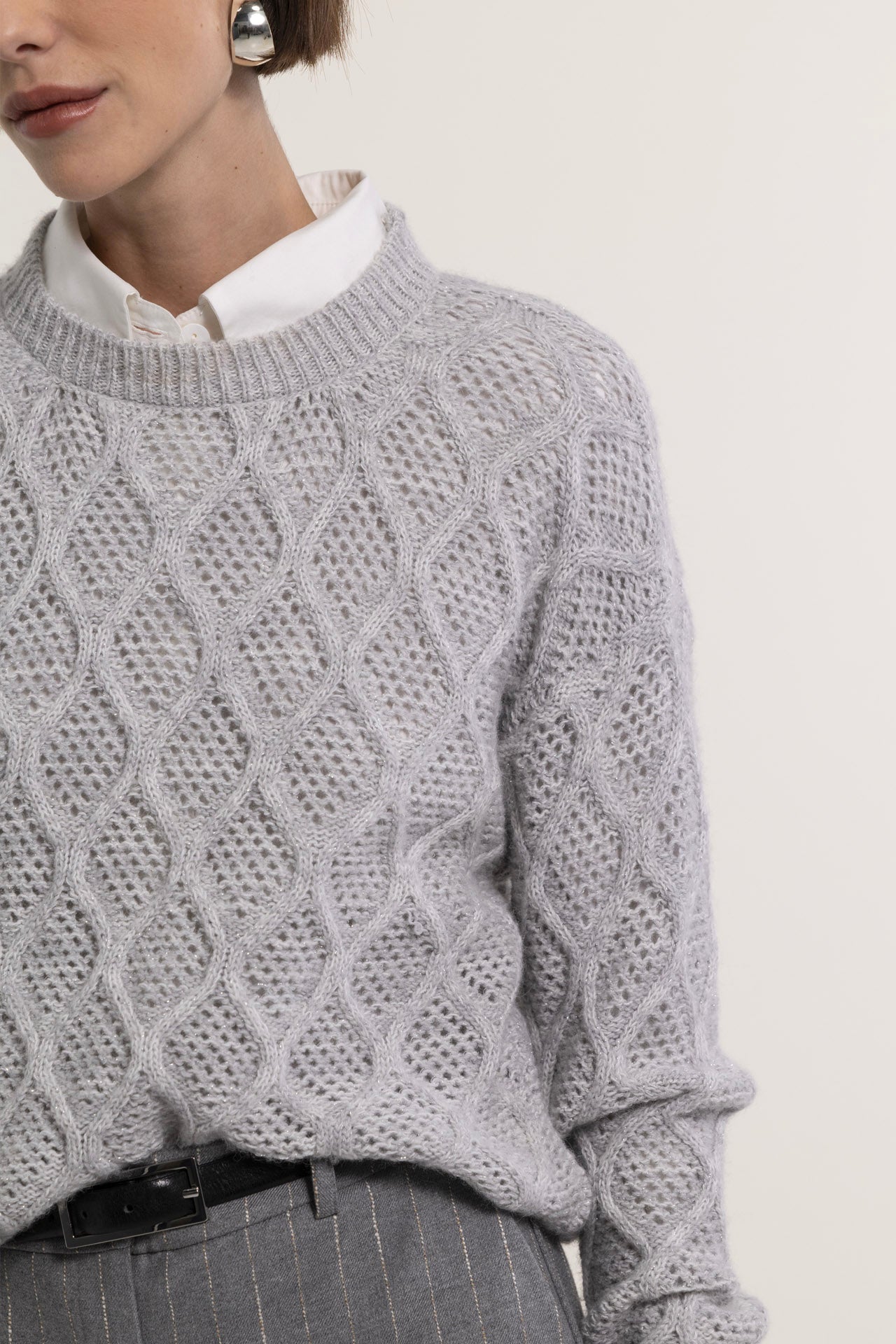 Gray alpaca sweater with openwork diamond pattern