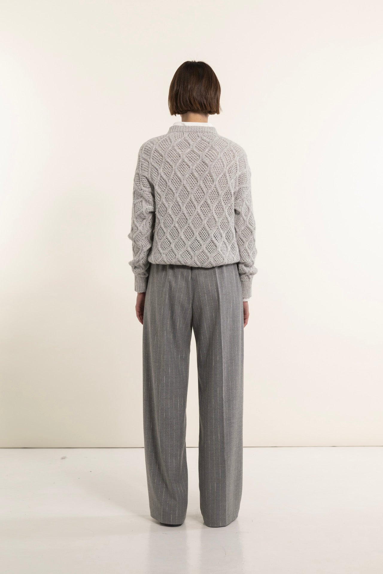 Gray alpaca sweater with openwork diamond pattern