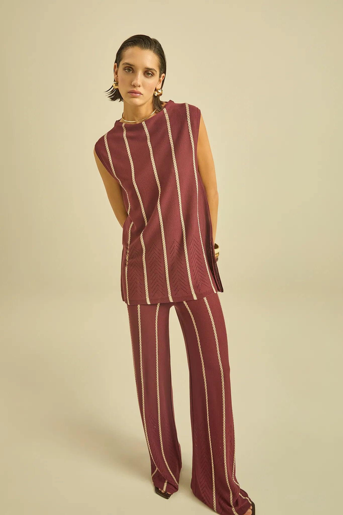 Wide-leg striped knit trousers