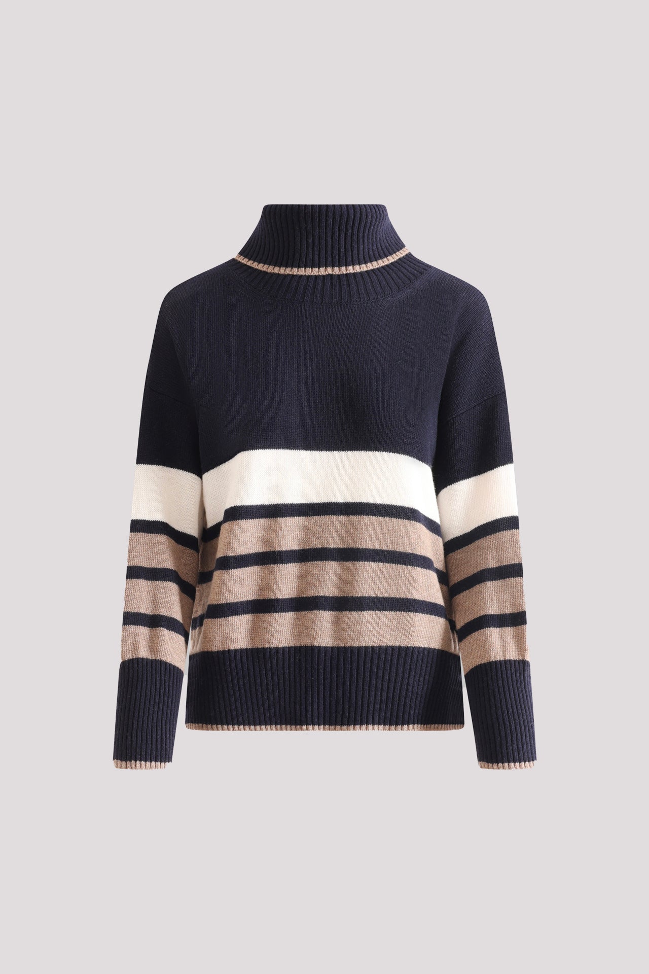 Turtleneck sweater with a mix of tricolor stripes