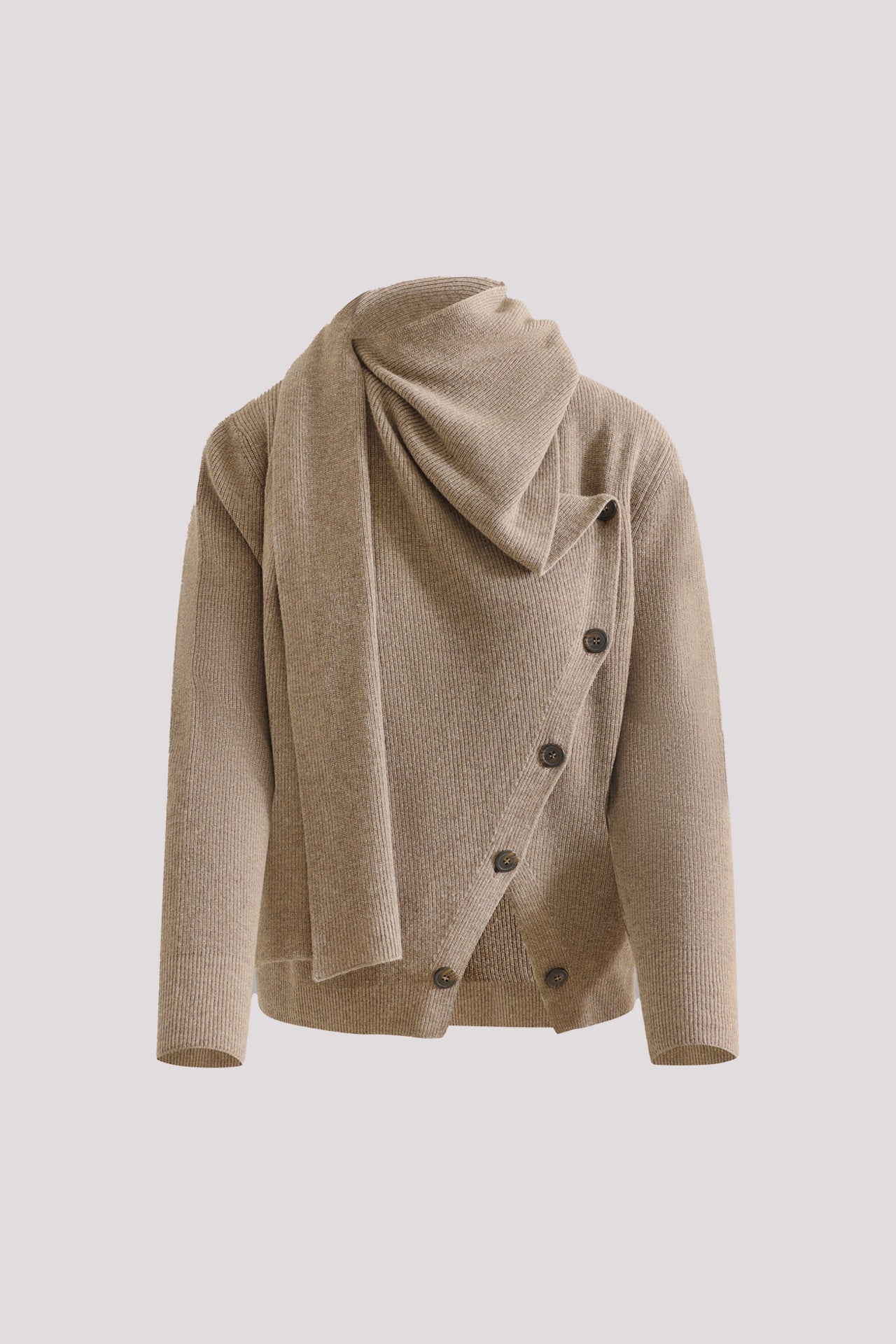 Wool blend sweater with scarf and asymmetrical buttoning