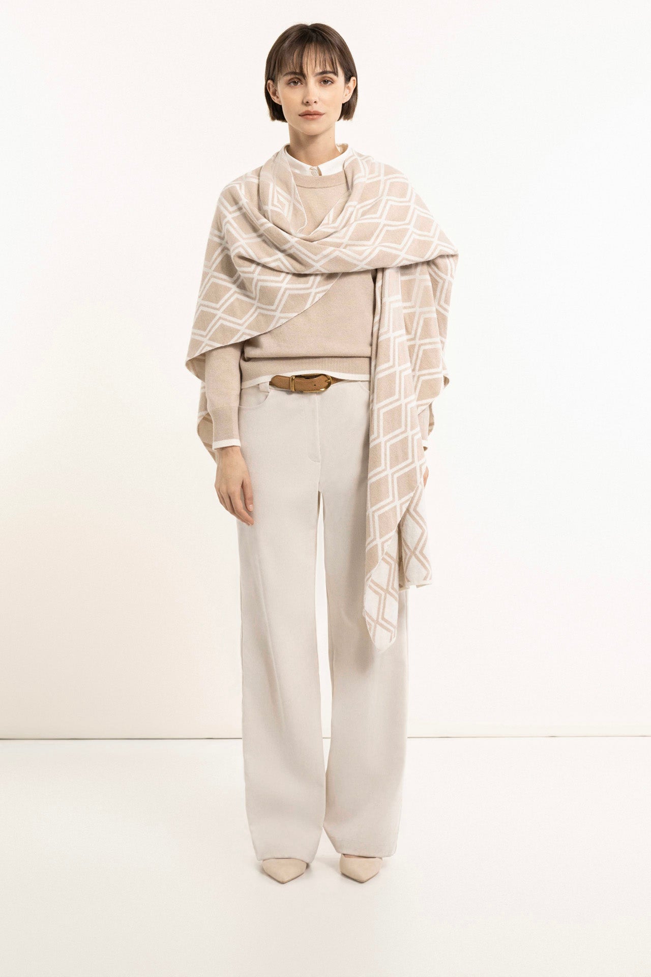 Beige wool blend jacquard cape with geometric pattern