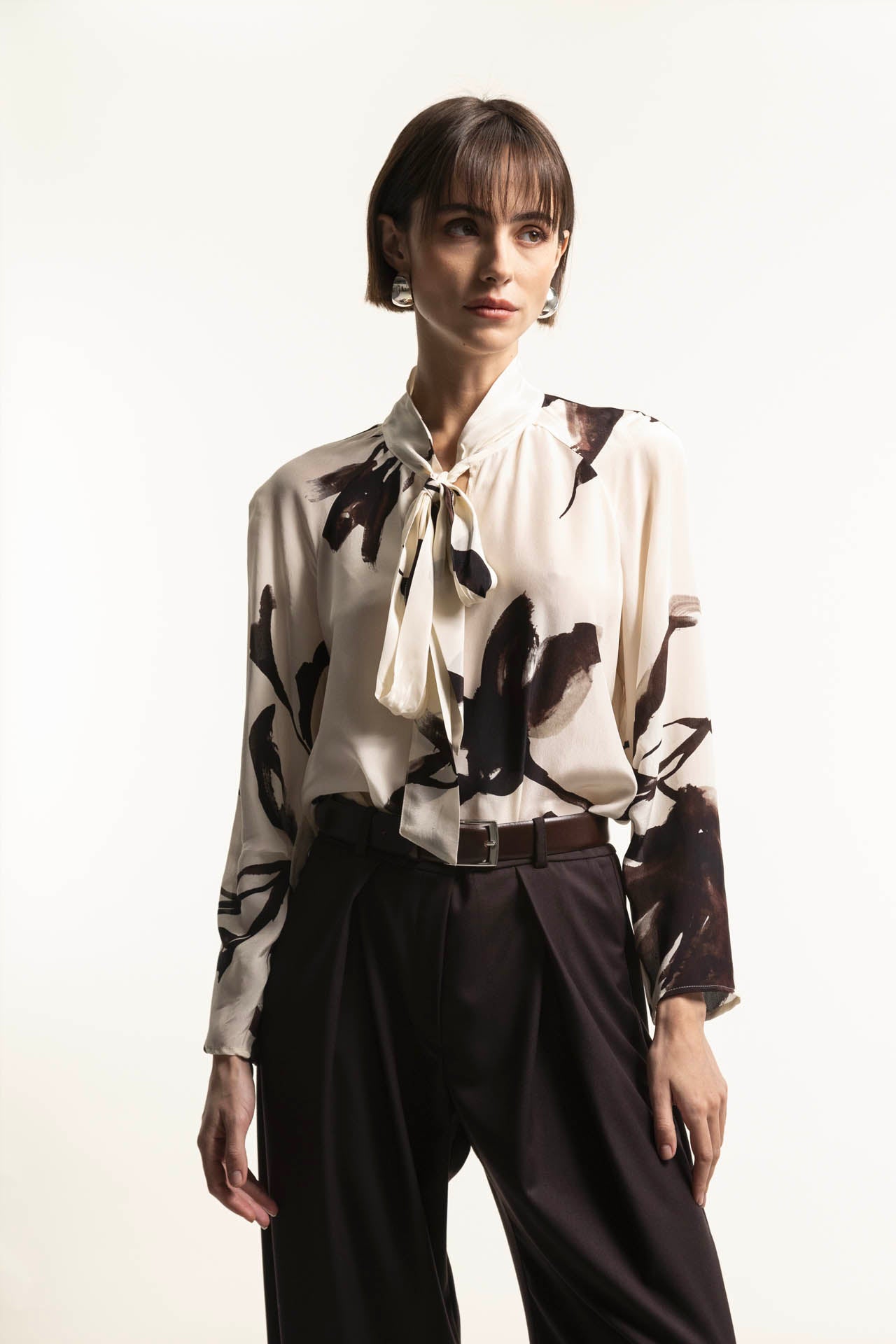 Floral patterned viscose blouse with bow