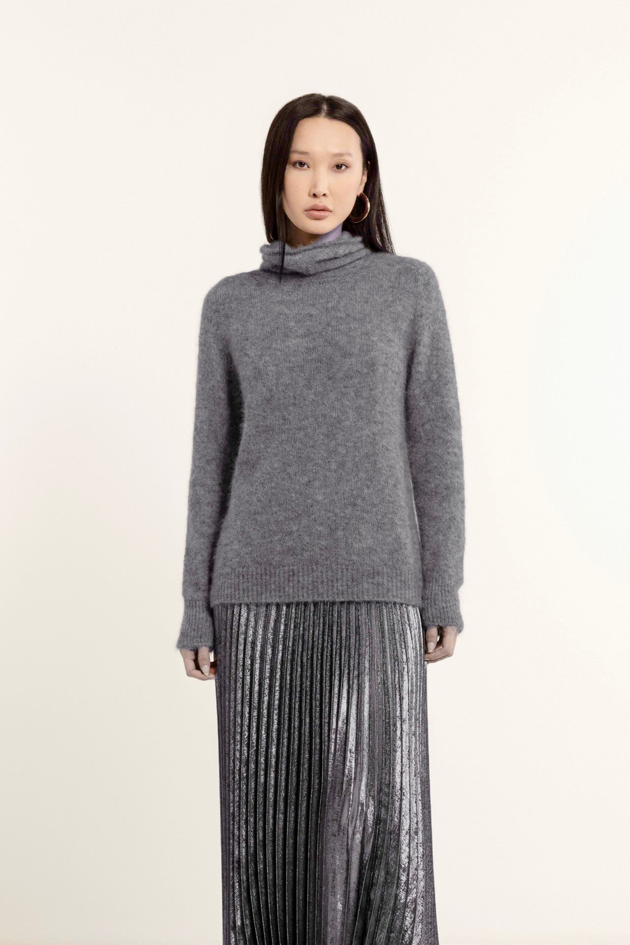 Grey alpaca sweater with donut neck
