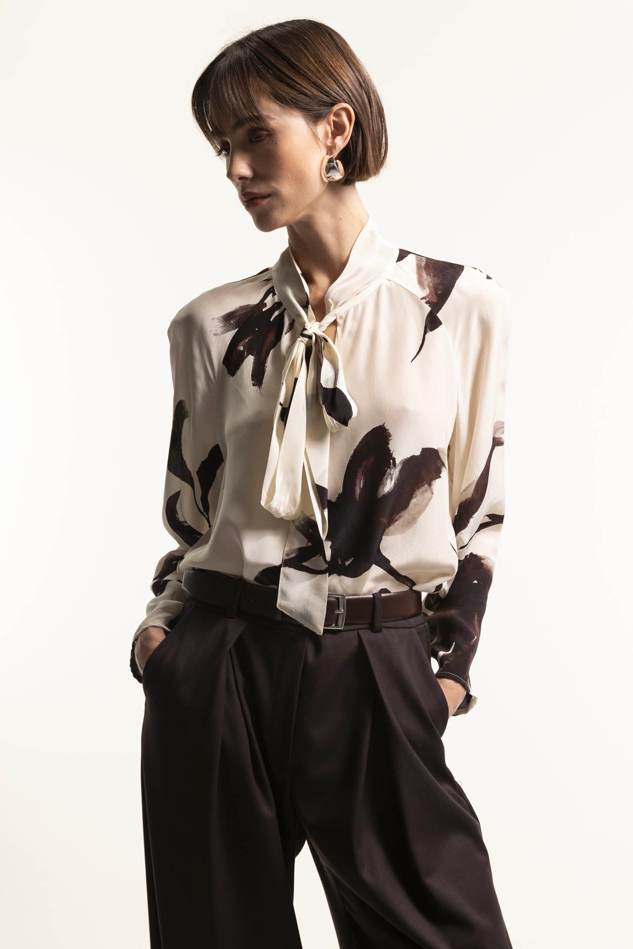 Floral patterned viscose blouse with bow