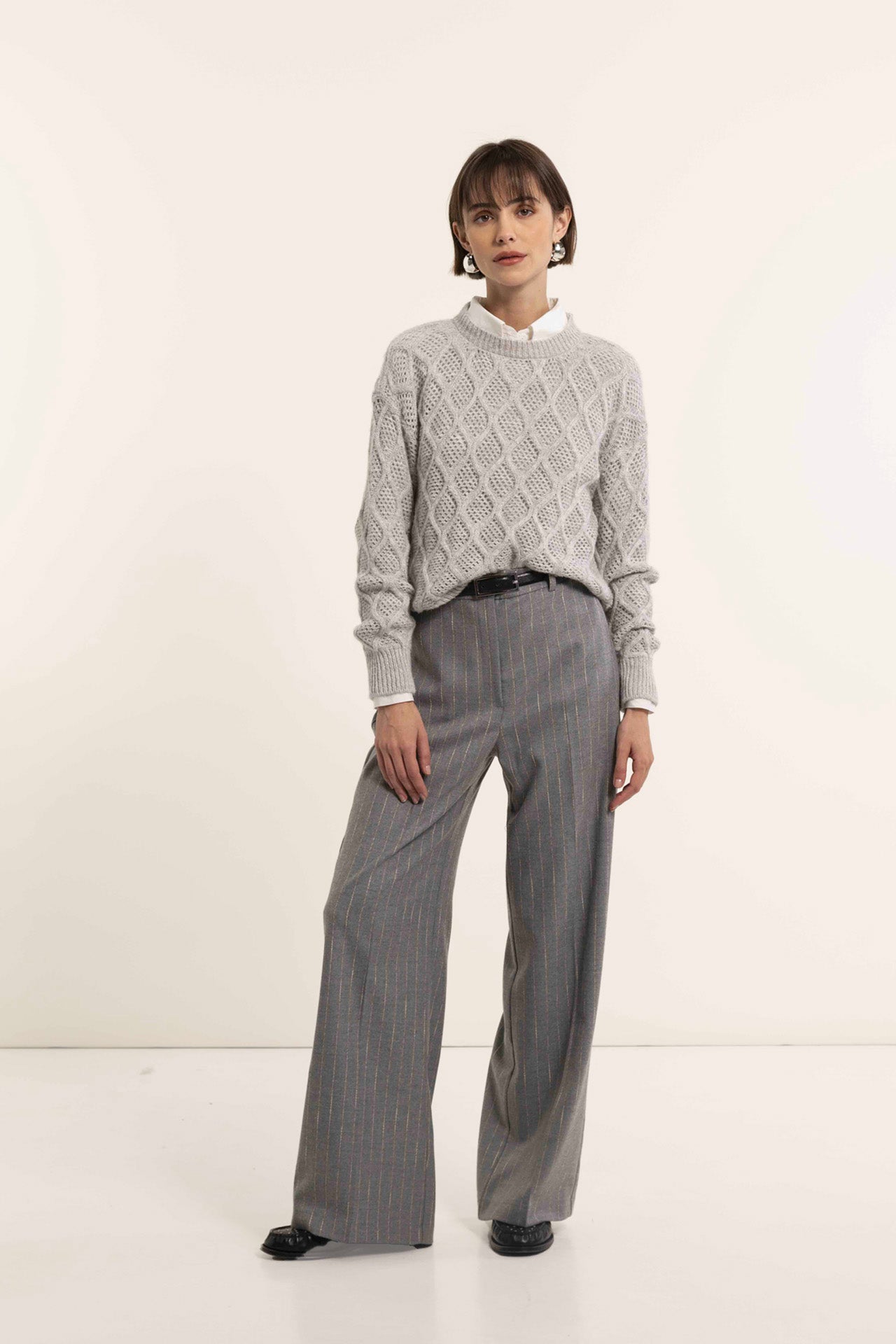 Gray alpaca sweater with openwork diamond pattern