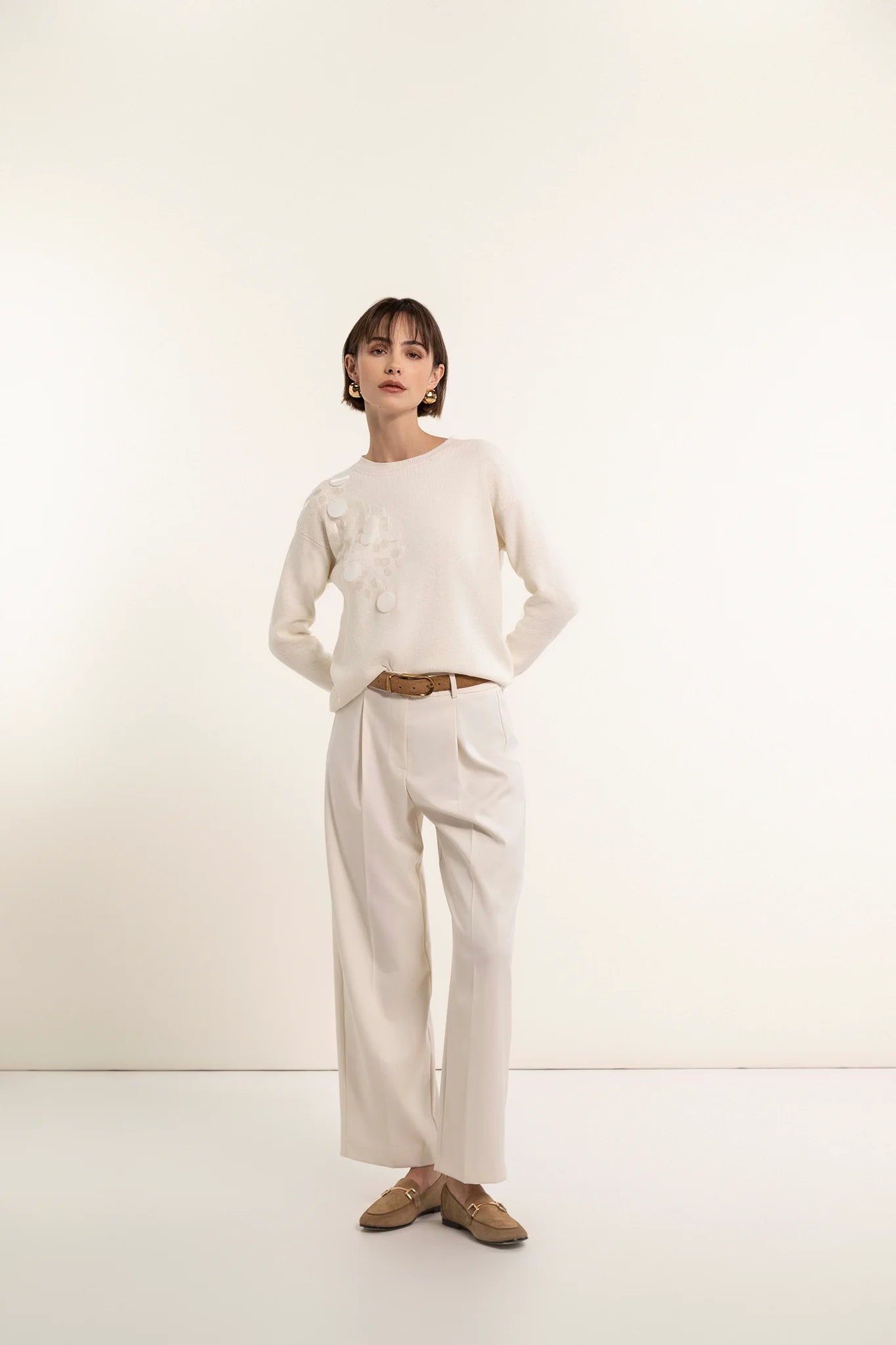 Maglia girocollo in cotone e lana con ricamo di paillettes