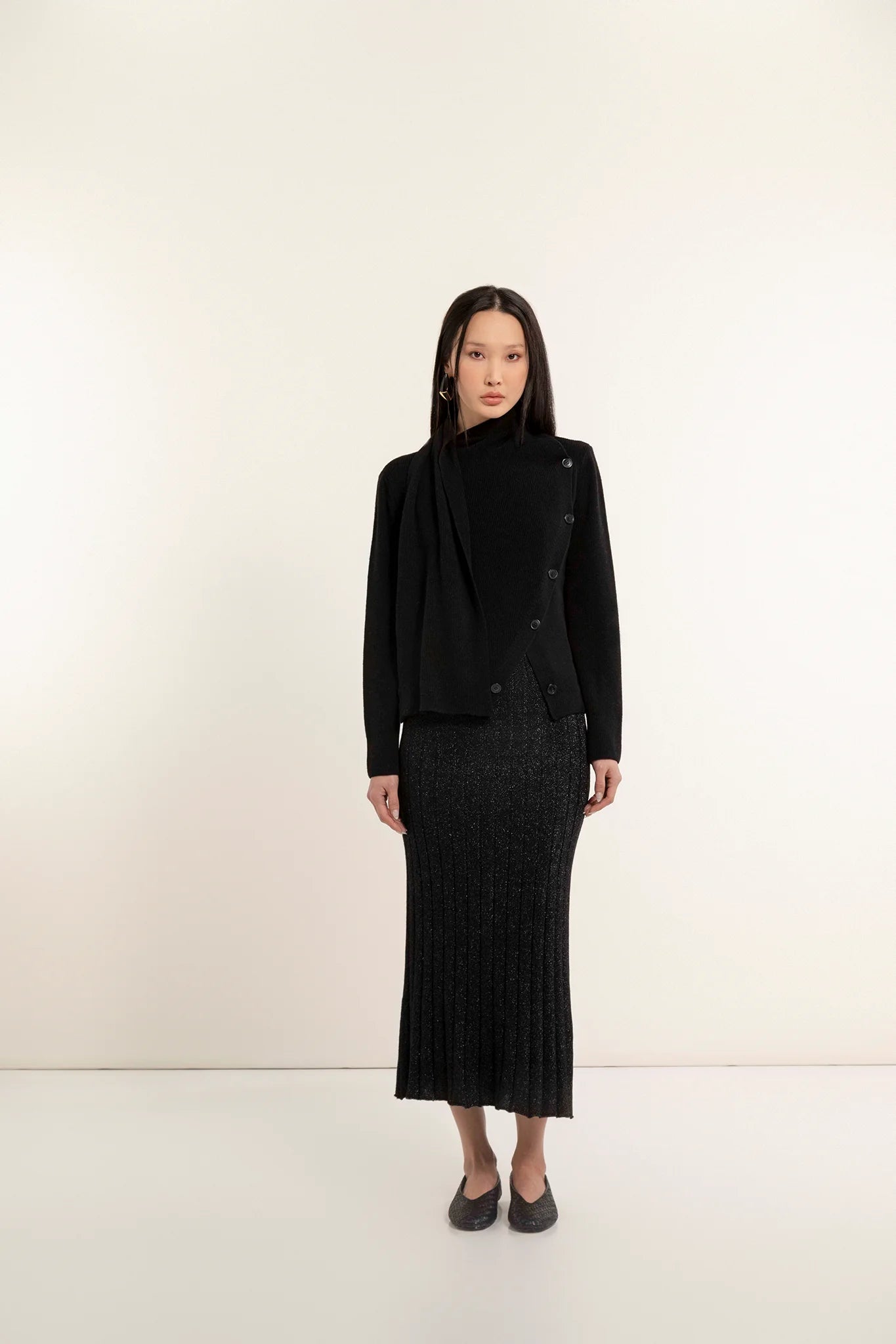Wool blend sweater with scarf and asymmetrical buttoning